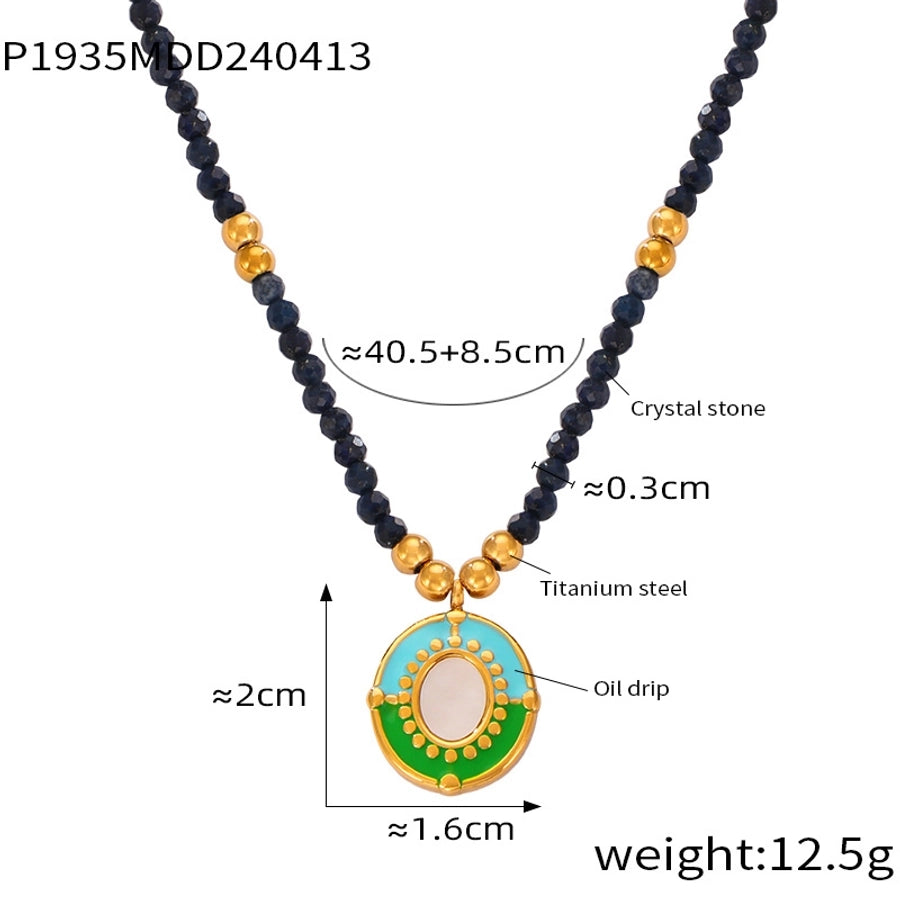 304 Stainless Steel natural stone Agate 18K Gold Plated Casual Retro Beaded Enamel Plating Round Necklace