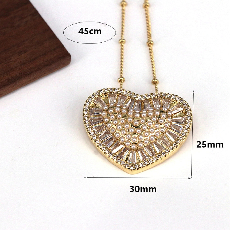 Copper 18K Gold Plated Plating Inlay Heart Shape Artificial Pearls Zircon Earrings Necklace Jewelry Set