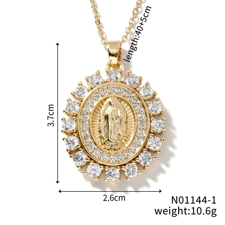 Jewelry Vintage Style Virgin Mary Oval Heart Shape 304 Stainless Steel Copper Zircon K Gold Plated Inlay Pendant Necklace