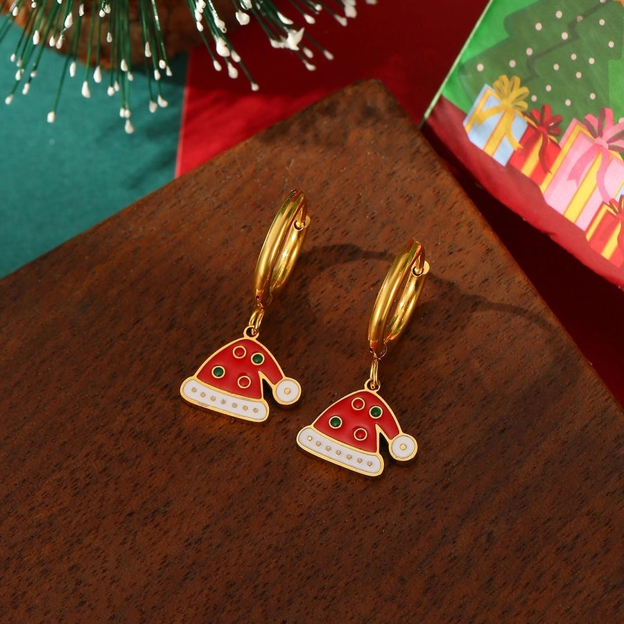 A Pair of Christmas 18K Real Gold Stainless Steel Colorful Oil Necklace Christmas Tree Elk Earrings Ear Clip Women's Christmas Gift