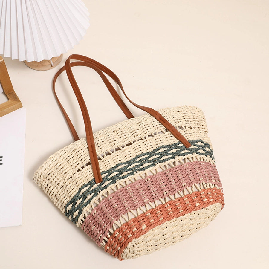 Women's Straw Stripe Vintage Style Shell Zipper Shoulder Bag