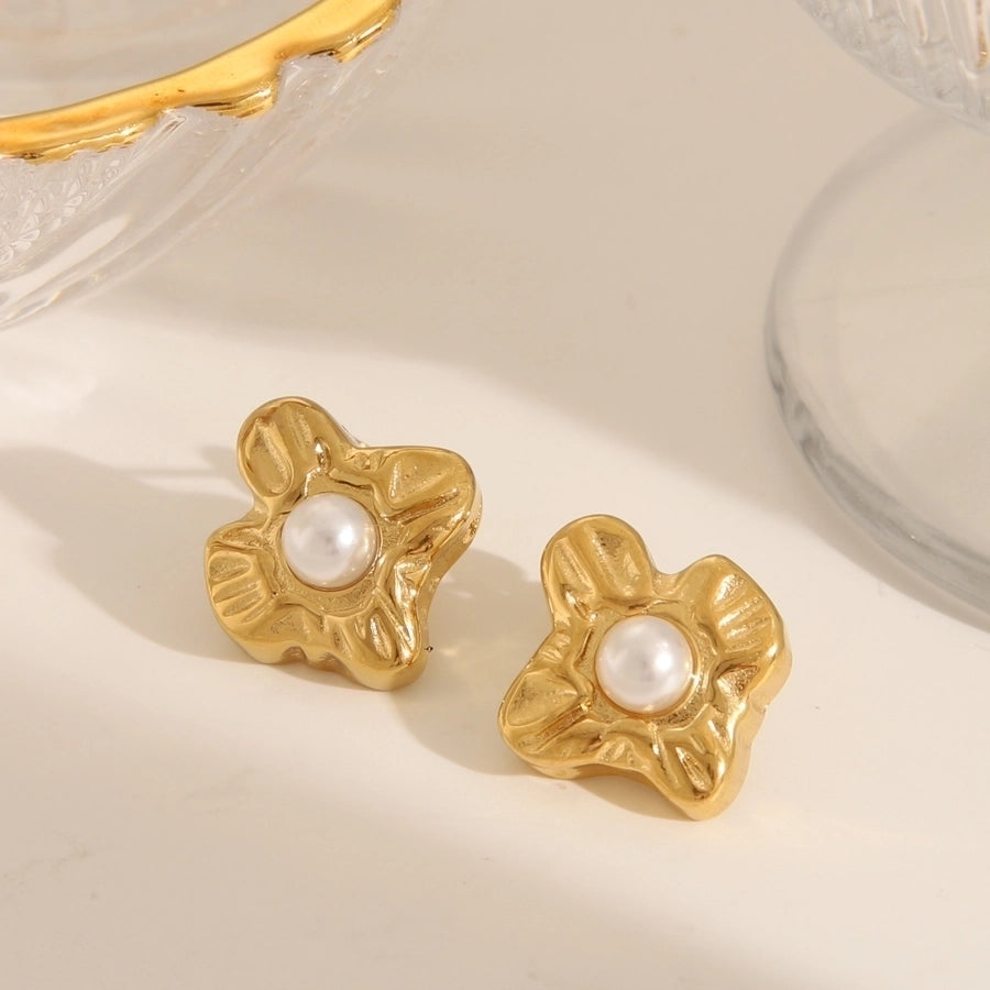 1 Pair French Style Commute IG Style C Shape Solid Color Flower 304 Stainless Steel Artificial Pearls 18K Gold Plated Stainless Steel Earrings