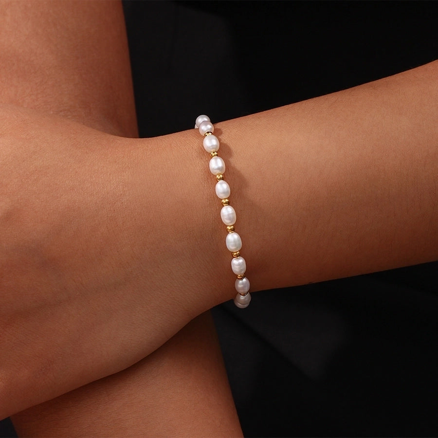 304 Stainless Steel Freshwater Pearl 18K Gold Plated Basic Simple Style Classic Style Plating Round Bracelets - CEJEW