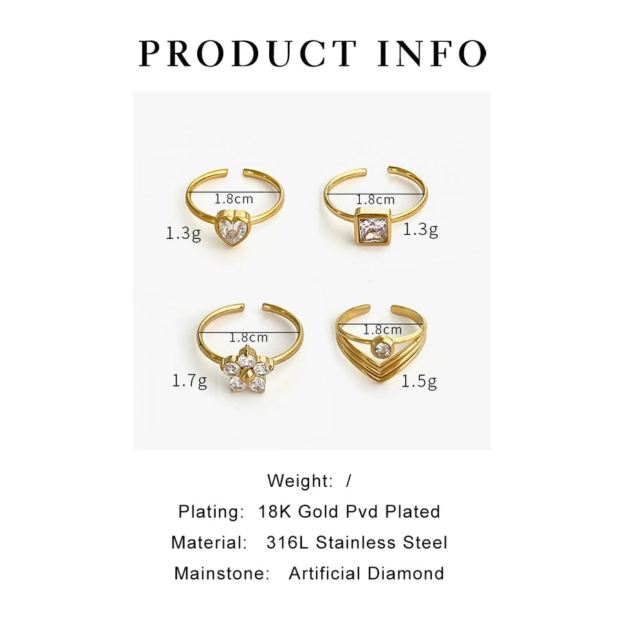 Simple Style Commute Geometric 316L Stainless Steel  Rhinestones 18K Gold Plated Women's Single Ring - CEJEW