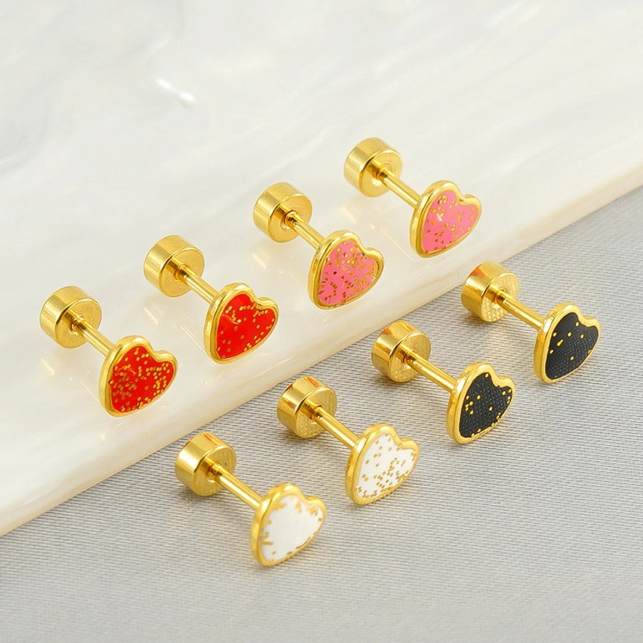 1 Pair Simple Style Heart Shape Enamel Plating Stainless Steel Ear Studs - CEJEW