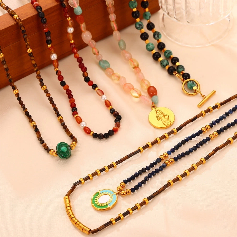 304 Stainless Steel natural stone Agate 18K Gold Plated Casual Retro Beaded Enamel Plating Round Necklace