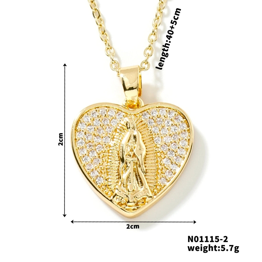 Jewelry Vintage Style Virgin Mary Oval Heart Shape 304 Stainless Steel Copper Zircon K Gold Plated Inlay Pendant Necklace