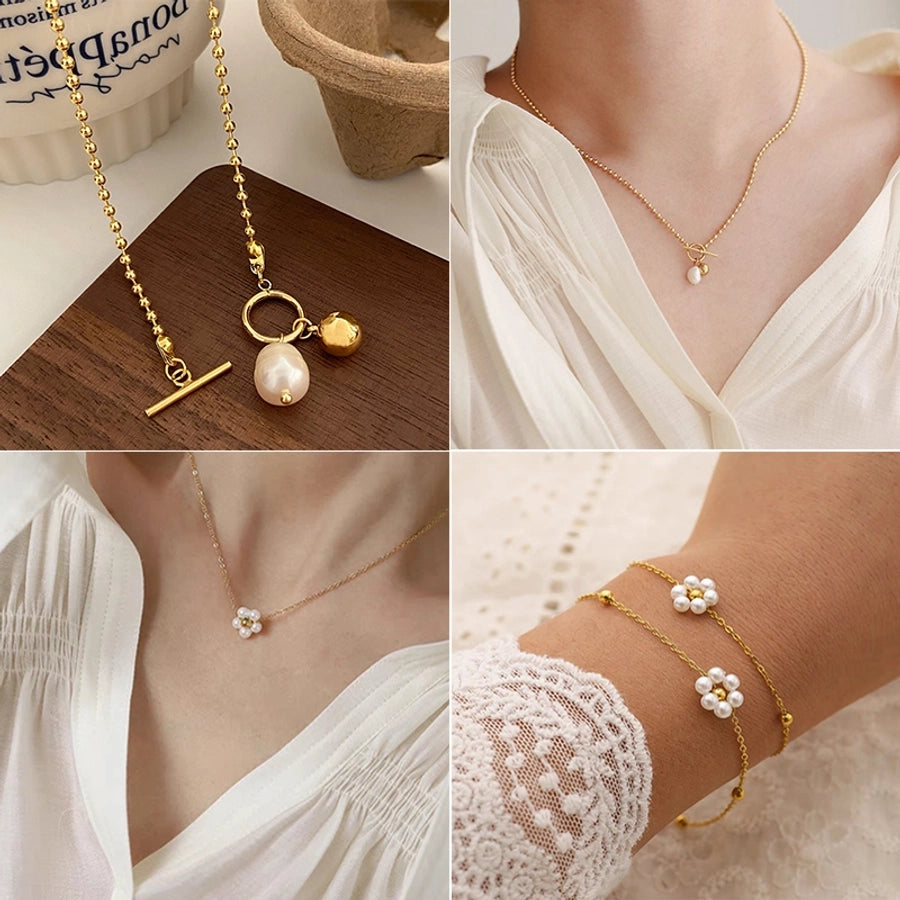 Jewelry Elegant Simple Style Commute Flower 316L Stainless Steel  Freshwater Pearl 18K Gold Plated Inlay Bracelets Necklace