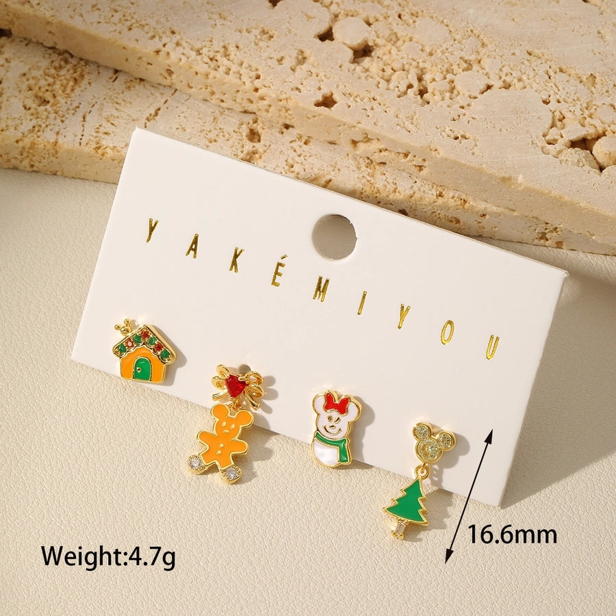 1 Set Cute Christmas Tree Snowman Enamel Plating Inlay Copper Zircon 14K Gold Plated Ear Studs