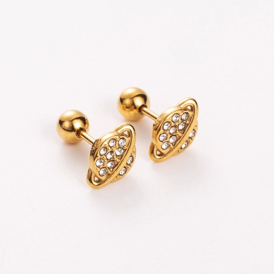 Simple Style Shiny Heart Shape Mushroom Planet Plating Inlay 304 Stainless Steel Artificial Diamond 14K Gold Plated Ear Studs