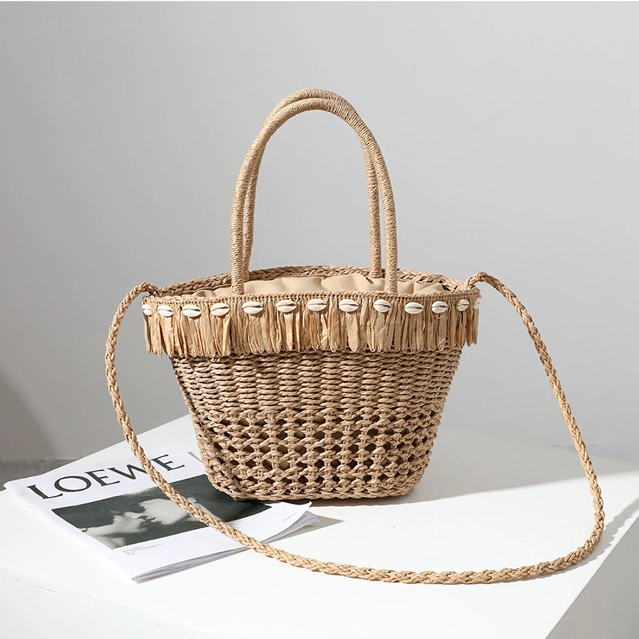 Women's Medium Straw Solid Color Vacation Beach Weave Bucket String Straw Bag