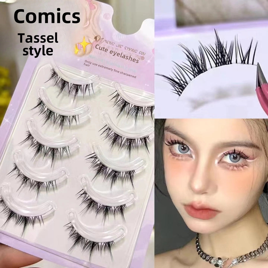 Cute Cartoon Tassel Style False Eyelashes Crossed Natural Airy Transparent Fine Stemmed Five Pairs Set