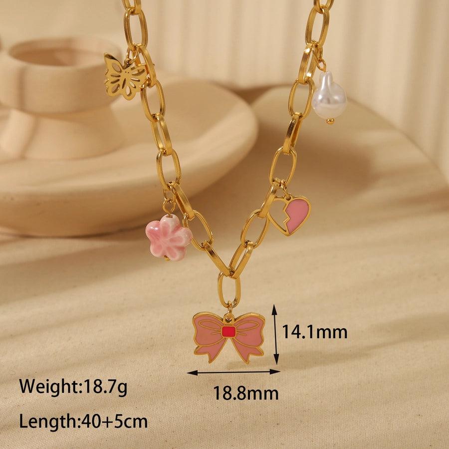 Jewelry Romantic Heart Shape Flower Bow Knot 304 Stainless Steel 18K Gold Plated Epoxy Plating Bracelets Earrings Necklace - CEJEW