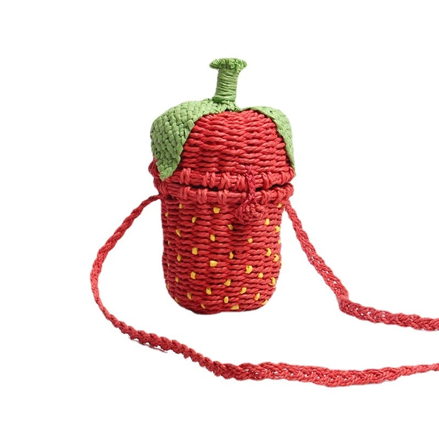 Women's Small Straw Strawberry Cute Weave Cylindrical Flip Cover beach bag