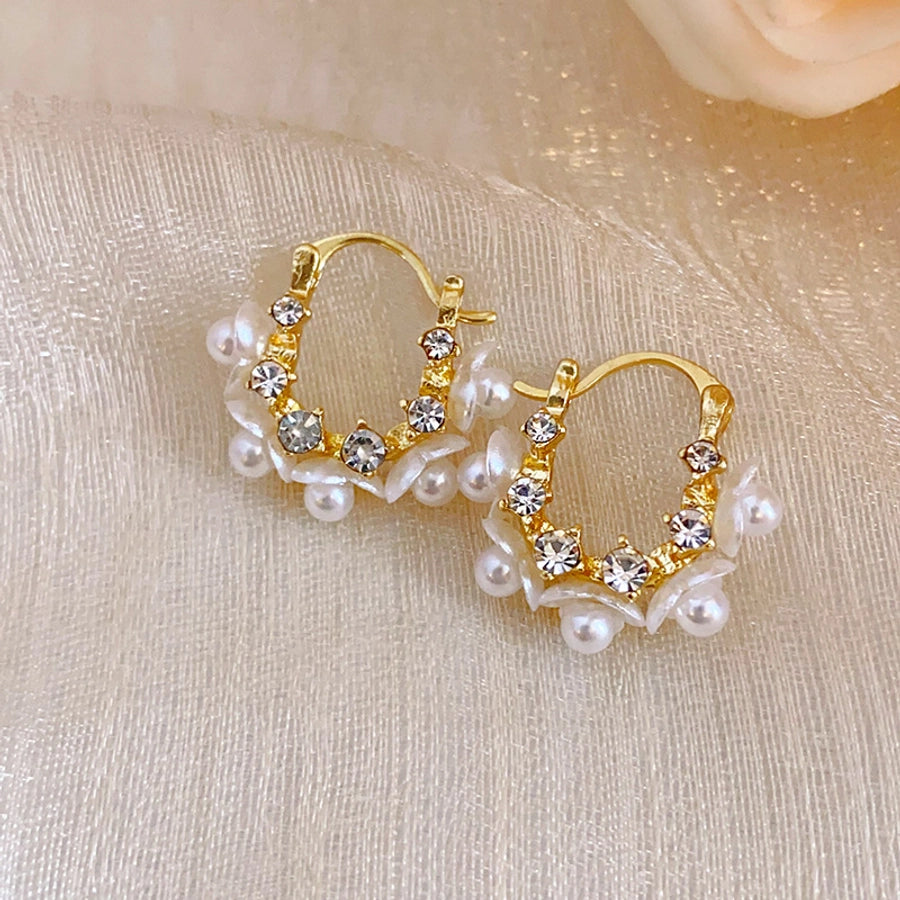 1 Pair French Style IG Style Flower Inlay Alloy Imitation Pearl Rhinestones Earrings