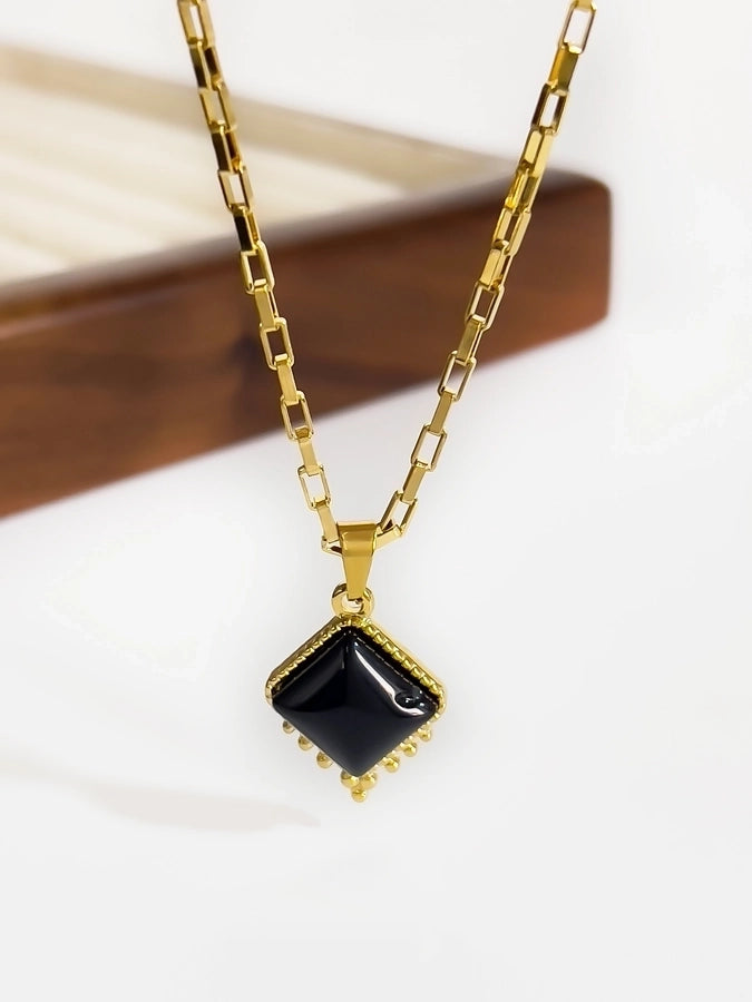 Jewelry Retro Classic Style Rhombus 316L Stainless Steel  Natural Stone 18K Gold Plated Irregular Inlay Pendant Necklace