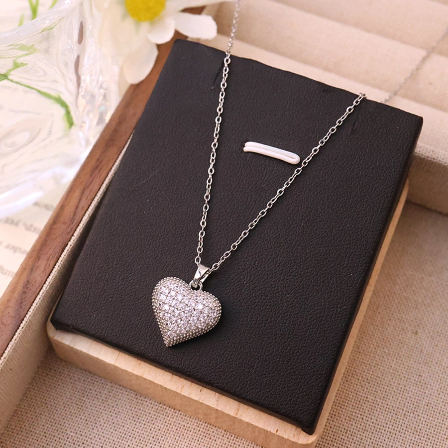 Jewelry Elegant Glam Luxurious Heart Shape 304 Stainless Steel Copper Artificial Diamond 18K Gold Plated Inlay Pendant Necklace