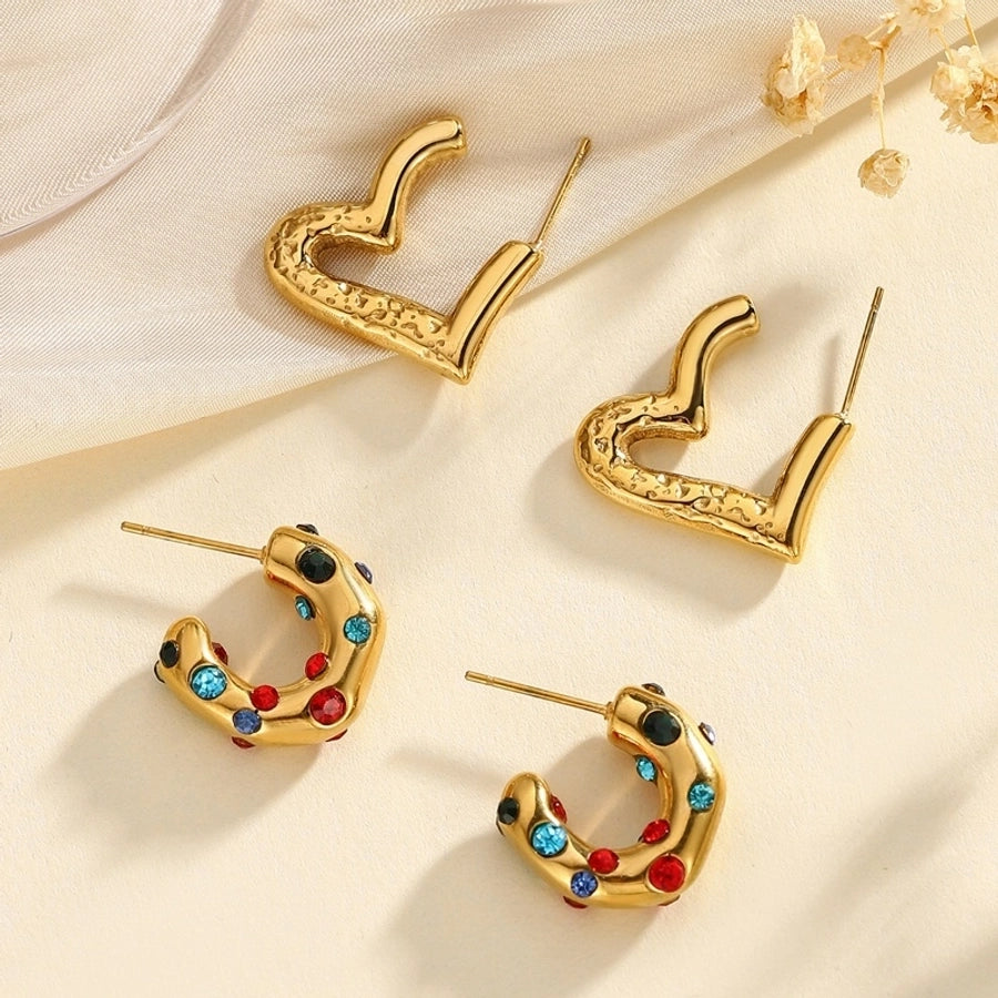 1 Pair Classical Retro Irregular Heart Shape Inlay 304 Stainless Steel Zircon Stainless Steel Earrings