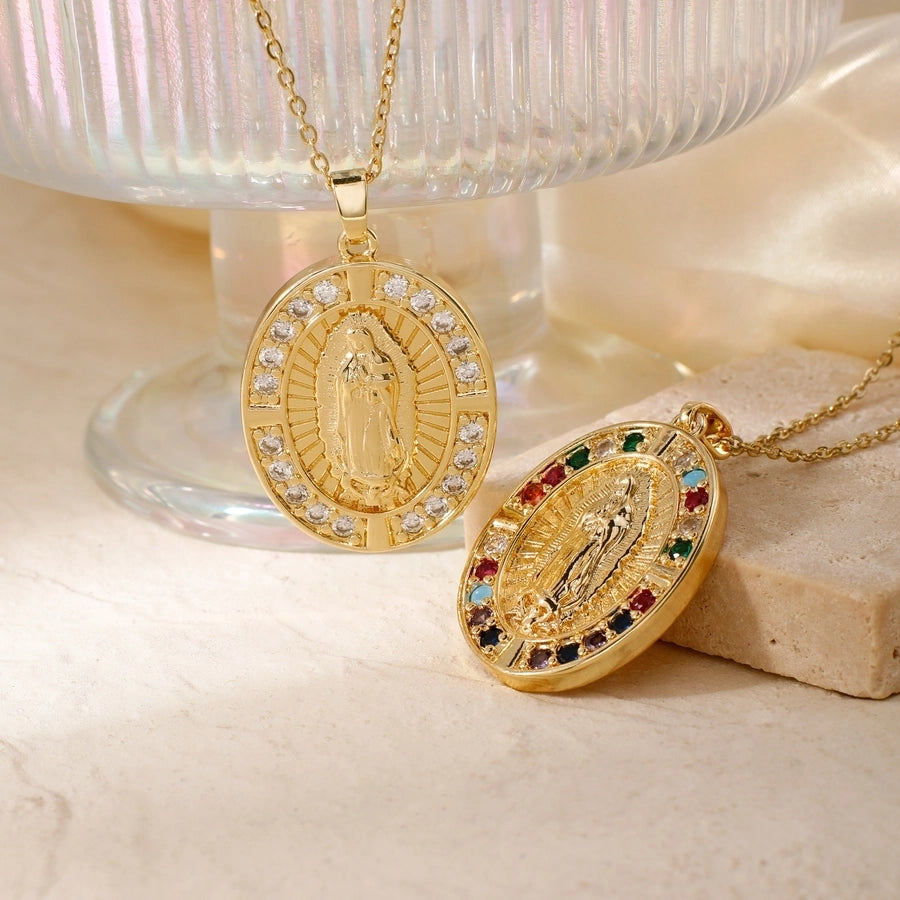 Jewelry Vintage Style Virgin Mary Oval Heart Shape 304 Stainless Steel Copper Zircon K Gold Plated Inlay Pendant Necklace