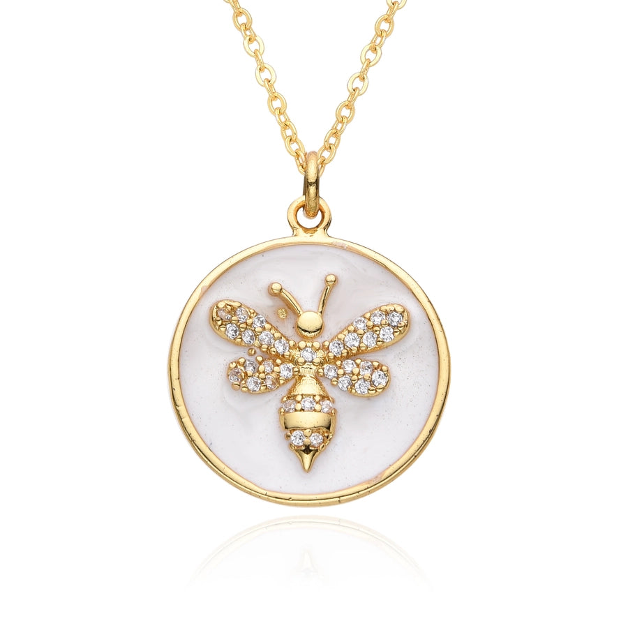 Copper Gold Plated Enamel Inlay Round Lion Bee Zircon Pendant Necklace