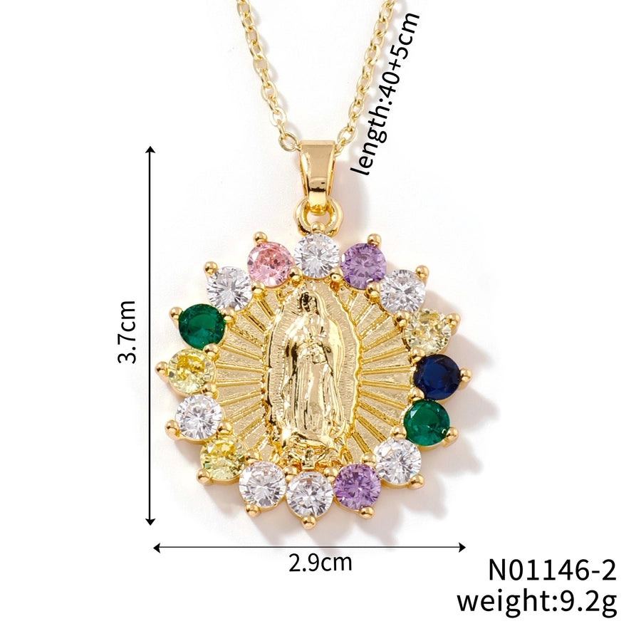 Jewelry Vintage Style Virgin Mary Oval Heart Shape 304 Stainless Steel Copper Zircon K Gold Plated Inlay Pendant Necklace