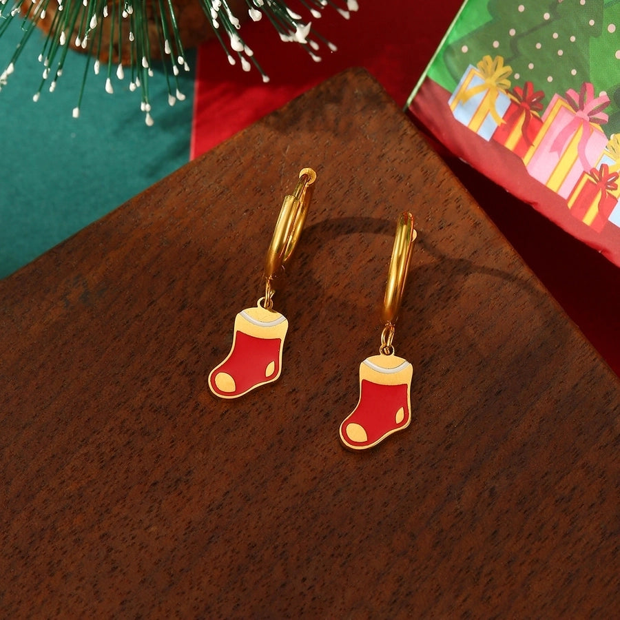 A Pair of Christmas 18K Real Gold Stainless Steel Colorful Oil Necklace Christmas Tree Elk Earrings Ear Clip Women's Christmas Gift