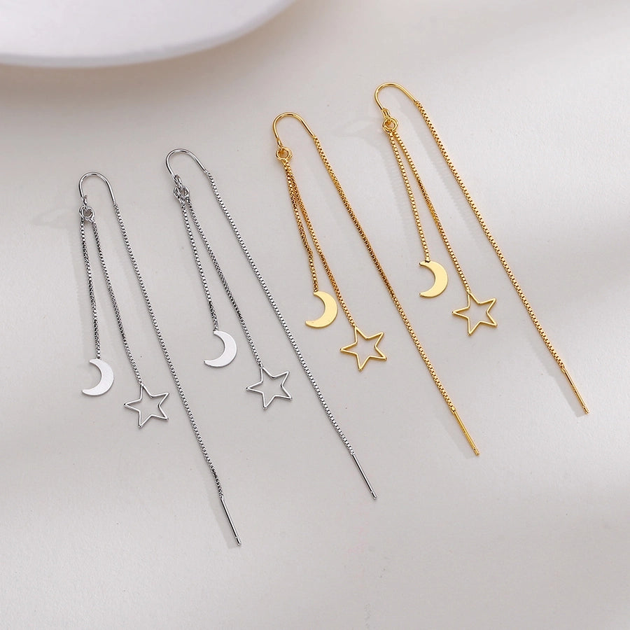 Korean Style Personalized Simple Long Tassel Star Moon Earrings Light Luxury Slimming Hollow Star Moon Earrings Internet Popular Earrings - CEJEW