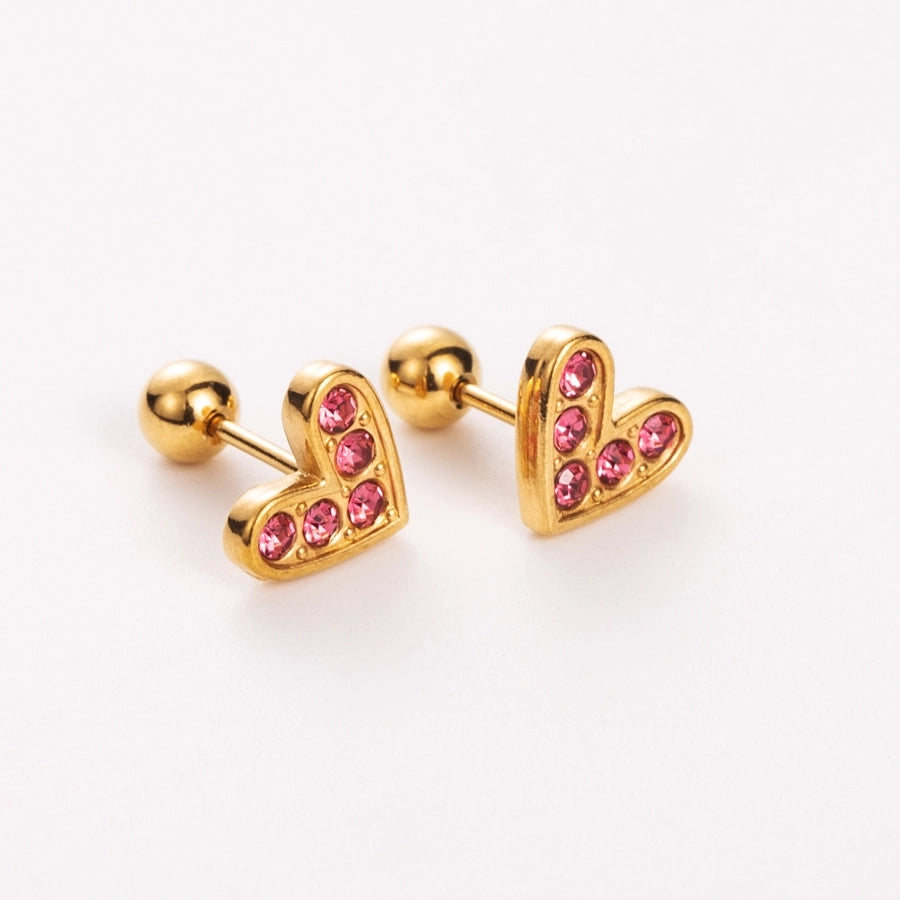 Simple Style Shiny Heart Shape Mushroom Planet Plating Inlay 304 Stainless Steel Artificial Diamond 14K Gold Plated Ear Studs