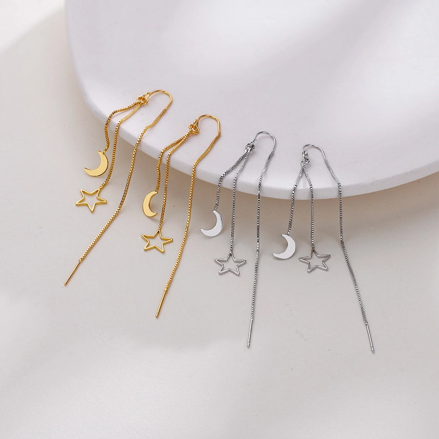 Korean Style Personalized Simple Long Tassel Star Moon Earrings Light Luxury Slimming Hollow Star Moon Earrings Internet Popular Earrings - CEJEW