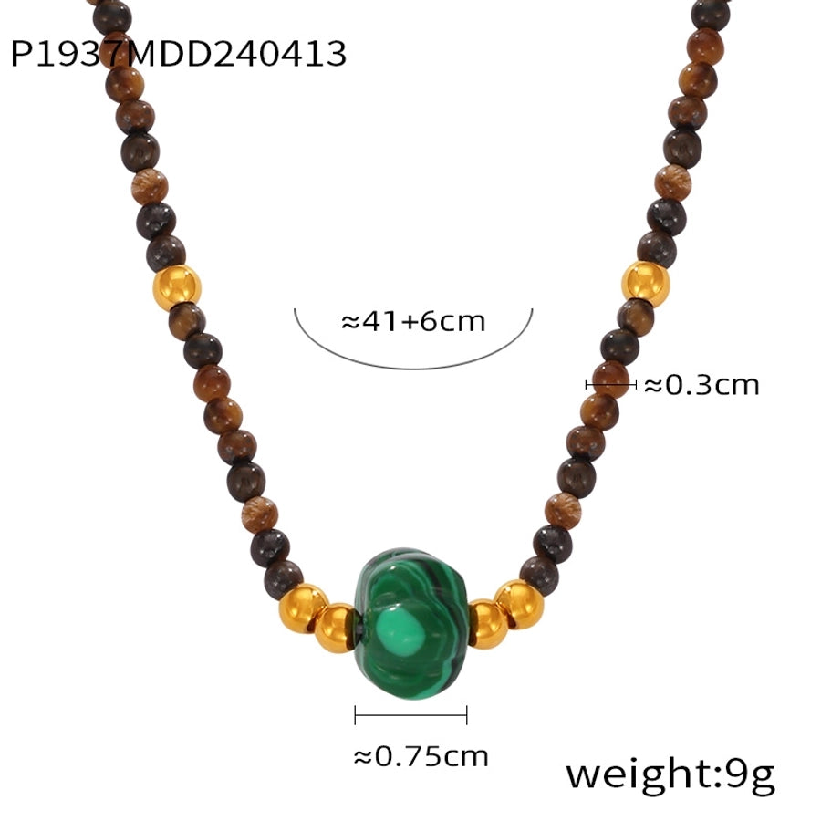 304 Stainless Steel natural stone Agate 18K Gold Plated Casual Retro Beaded Enamel Plating Round Necklace