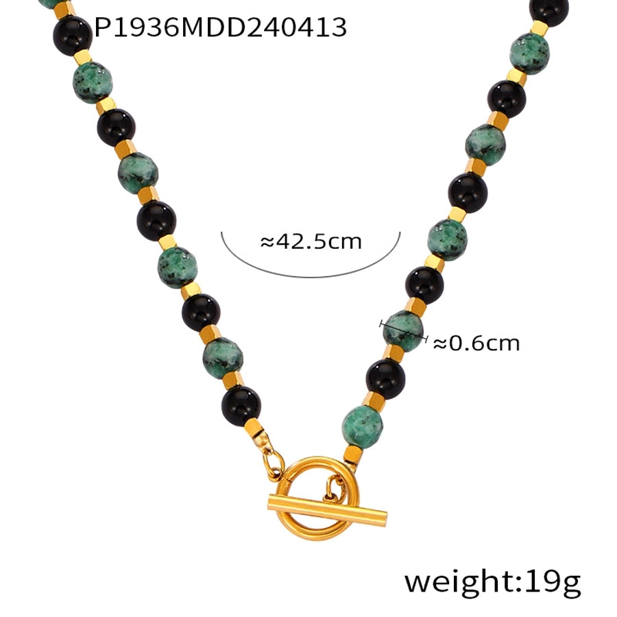 304 Stainless Steel natural stone Agate 18K Gold Plated Casual Retro Beaded Enamel Plating Round Necklace