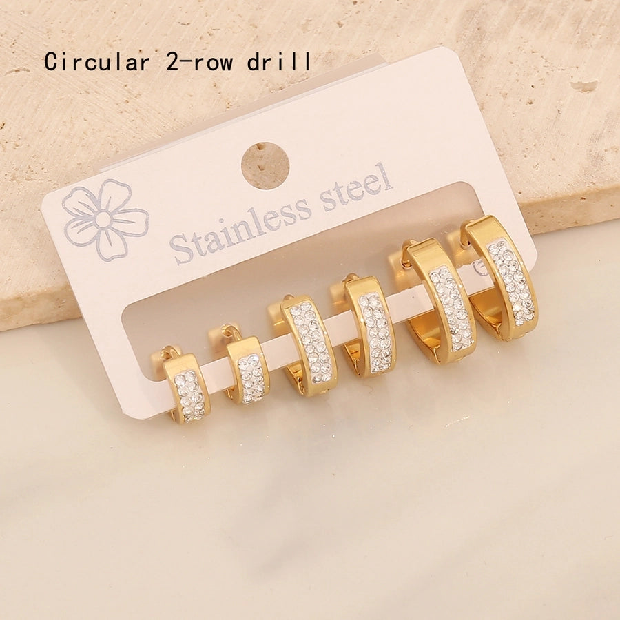 3 Pairs Lady Commute Geometric Inlay 304 Stainless Steel Zircon 18K Gold Plated Earrings