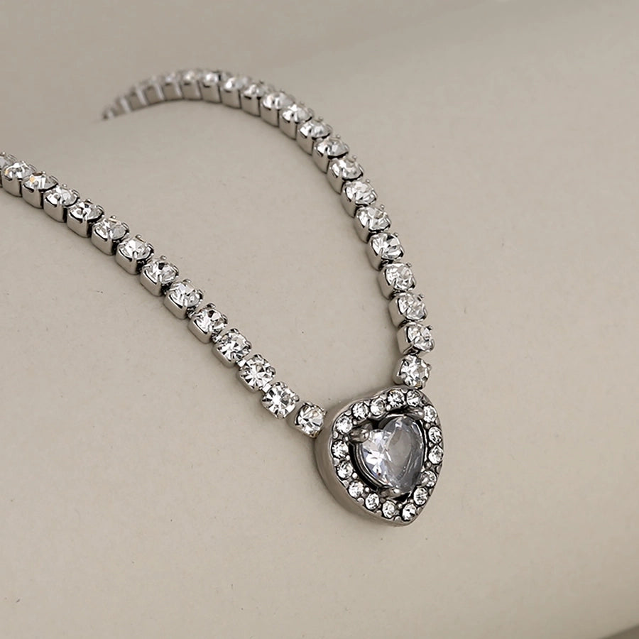 Jewelry Glam Luxurious Shiny Heart Shape 304 Stainless Steel Rhinestone Artificial Rhinestones Inlay Stainless Steel Necklaces