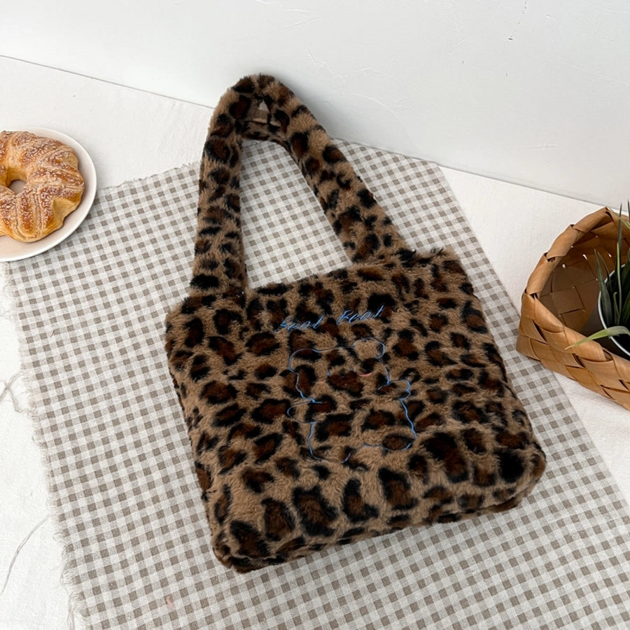 Women's Medium Plush little bear Leopard Cute Square Zipper Tote Bag