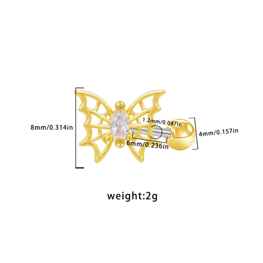 1 Piece Elegant Cute Luxurious Moon Heart Shape Butterfly Inlay 316 Stainless Steel  Copper Rhinestones Glass Zircon Gold Plated Cartilage earrings