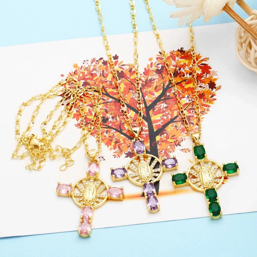 retro novelty cross virgin mary copper plating inlay zircon 18k gold plated pendant necklace