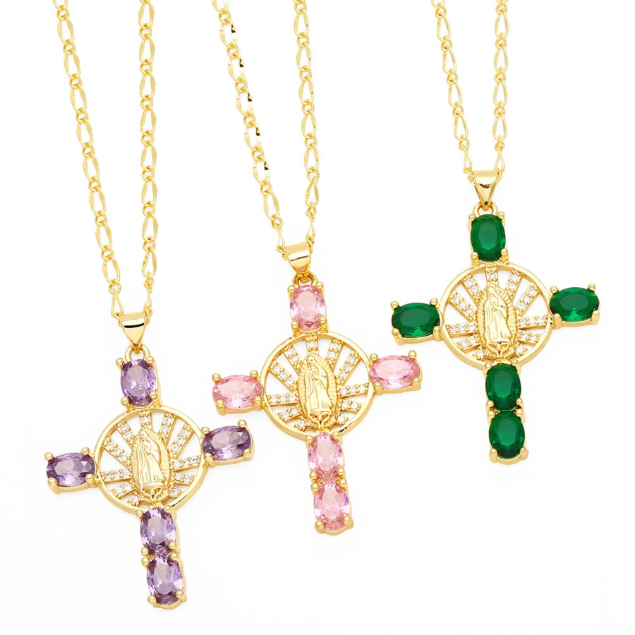 retro novelty cross virgin mary copper plating inlay zircon 18k gold plated pendant necklace