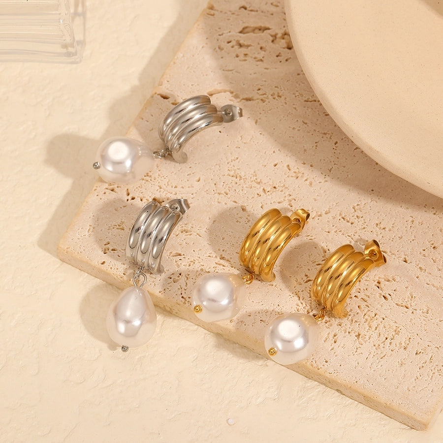 1 Pair Retro French Style C Shape Polishing Plating Inlay 304 Stainless Steel Pearl 18K Gold Plated Ear Studs