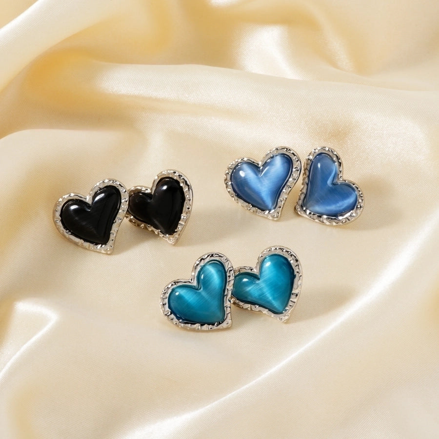 1 Pair Glam Sweet Simple Style Heart Shape Inlay 304 Stainless Steel Natural Stone K Gold Plated Rhodium Plated Ear Studs