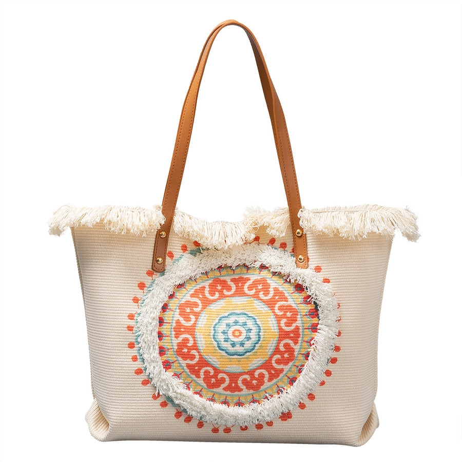 Women's Large Polyester Flower Elegant Streetwear Tassel Square Magnetic Buckle Tote Bag