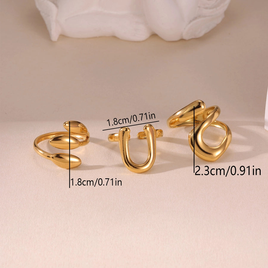 3 Fashionable 18K Real Gold Stainless Steel U-Shaped Leaves Smooth Opening Rings Suit Suitable for Women's Daily Wear