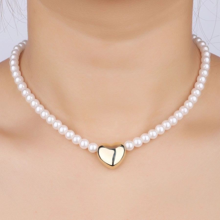 Copper 18K Gold Plated Asymmetrical Hollow Out Round Heart Shape Artificial Pearls Necklace - CEJEW