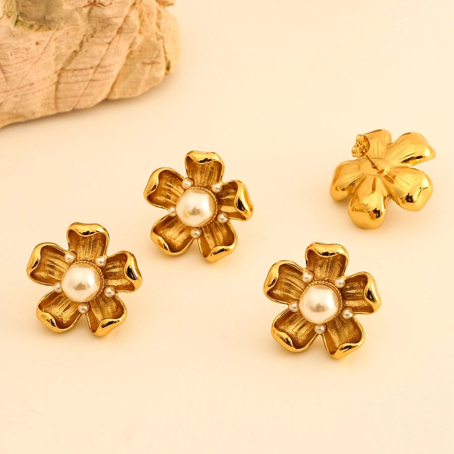 1 Pair Elegant Flower Plating Inlay Titanium Steel Pearl 18K Gold Plated Ear Studs