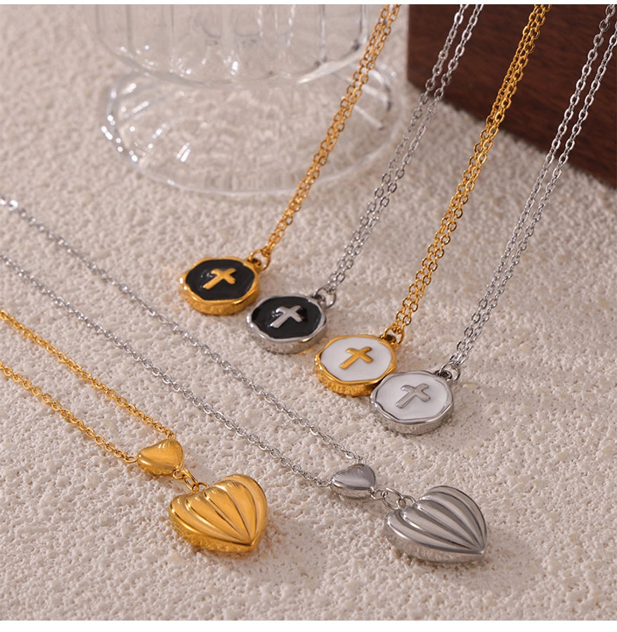 304 Stainless Steel 18K Gold Plated Casual Simple Style Commute Enamel Plating Cross Round Heart Shape Pendant Necklace - CEJEW