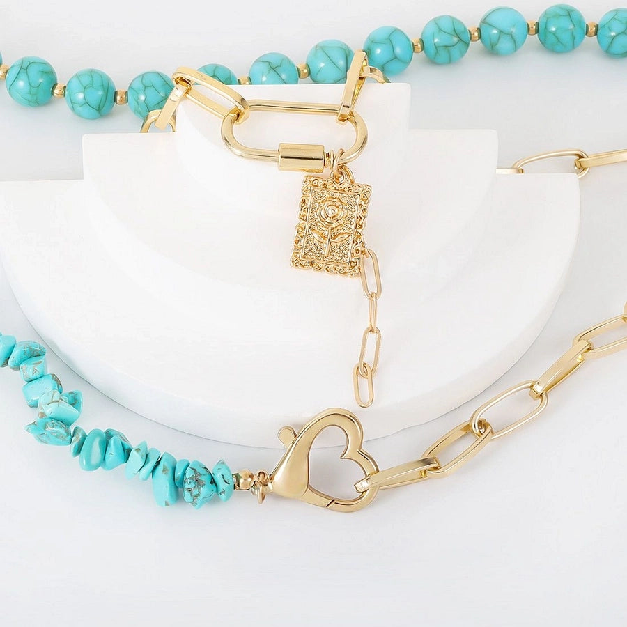 Elegant Exaggerated Lady Geometric Heart Shape Gold Plated Alloy turquoise  Three Layer Necklace