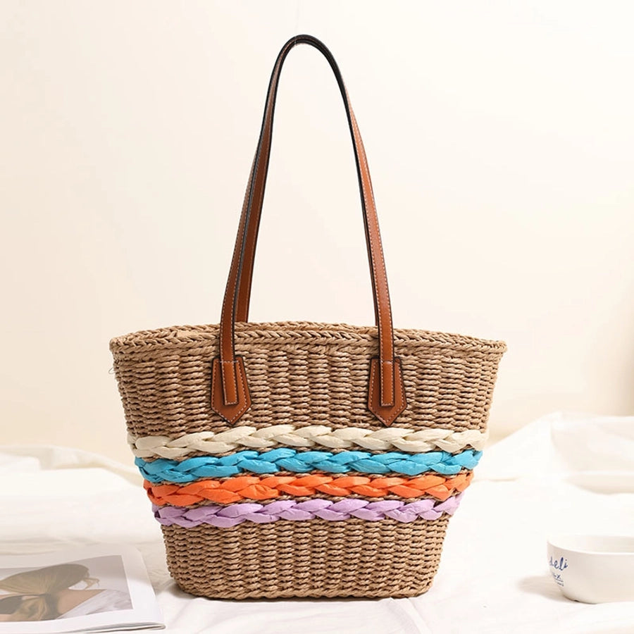 Women's Straw Stripe Vacation Weave Shell Zipper Tote Bag