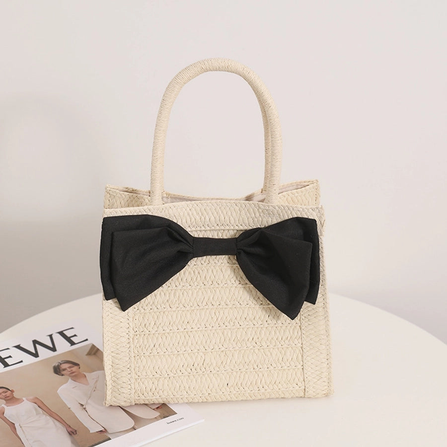 Women's Straw Bow Knot Vacation Weave Square Magnetic Buckle Handbag