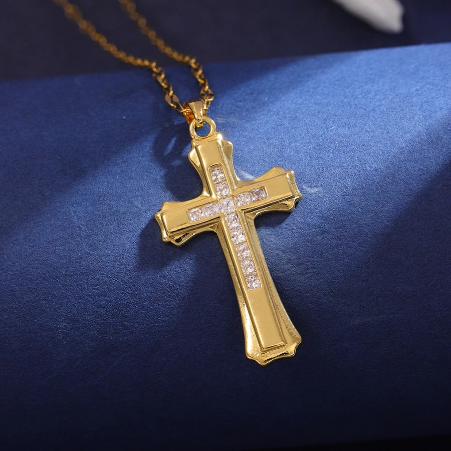 Classic Style Cross 304 Stainless Steel Copper Inlay 18K Gold Plated Zircon Pendant Necklace