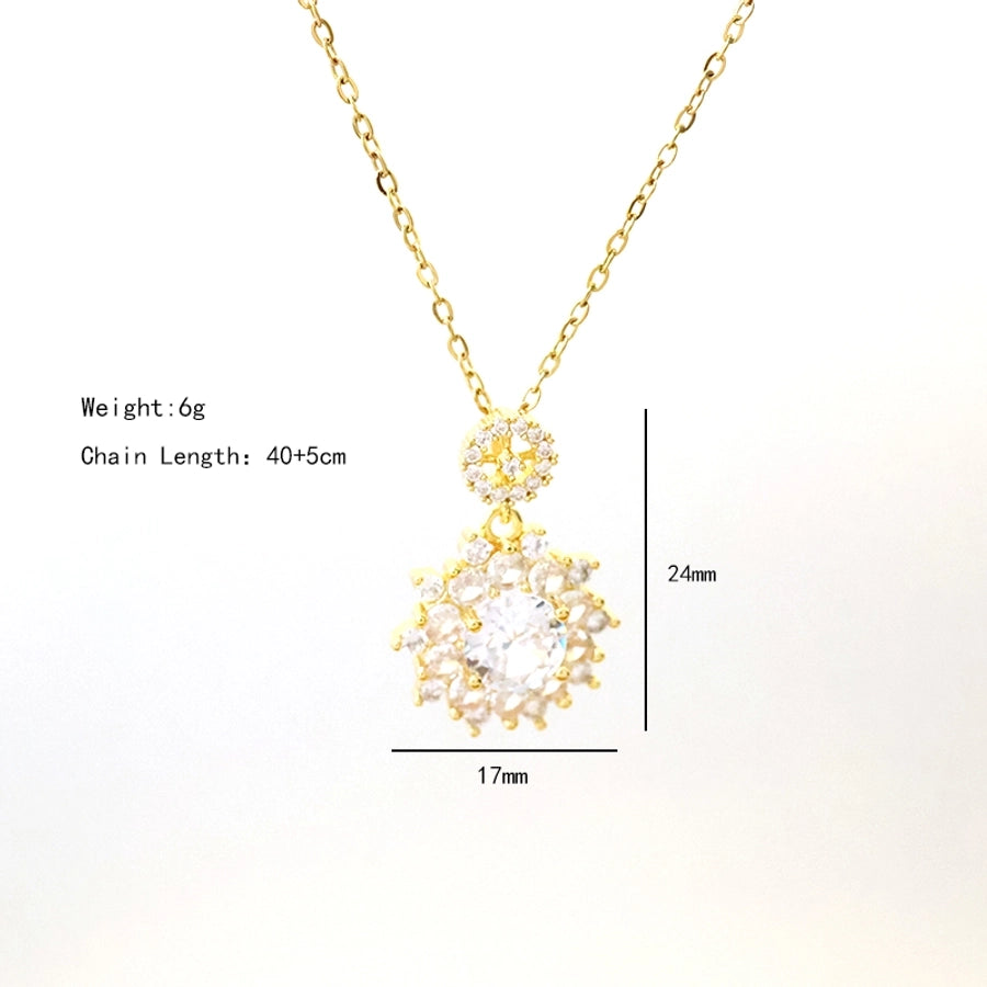 304 Stainless Steel Copper 18K Gold Plated Plating Inlay Flower Zircon Pendant Necklace