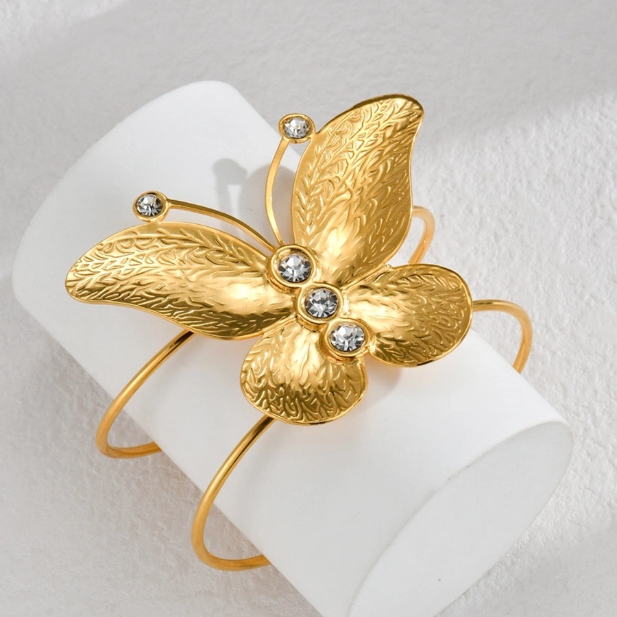 Retro French Style Leaves Heart Shape Butterfly 304 Stainless Steel 18K Gold Plated Bangle In Bulk